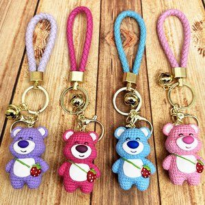CLEARENCE! 4 strawberry Teddy Bear Keychains, Pendants in BLUE,PURPLE,PINK,RED